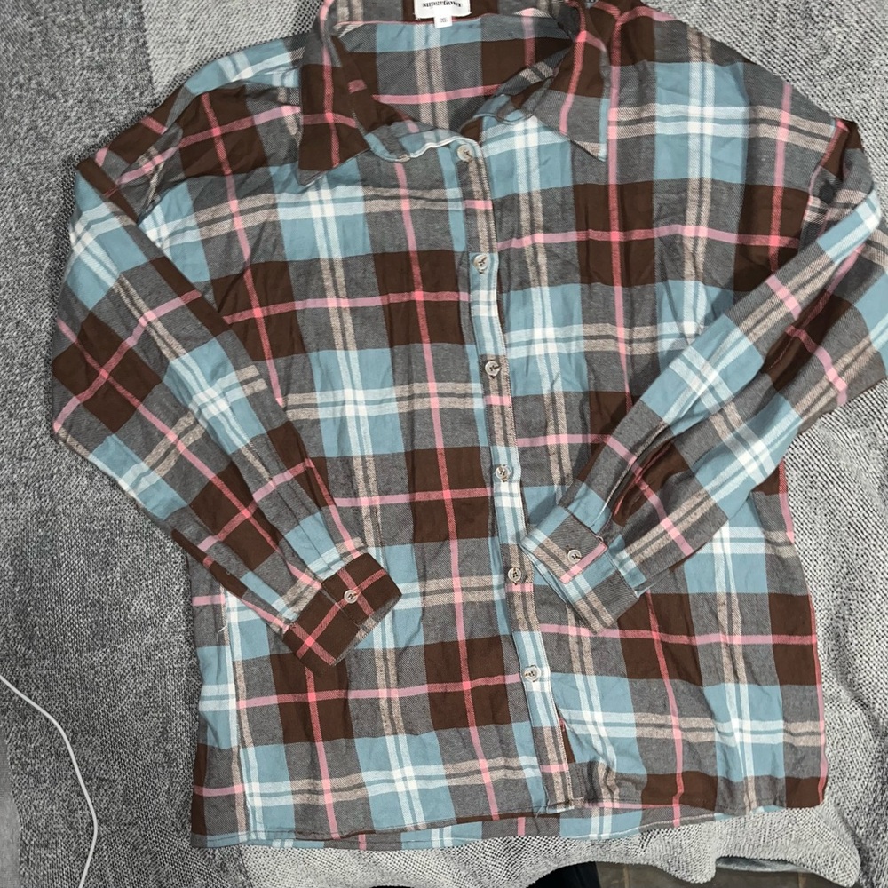 Superdown Plaid Shirt in Blue, Pink, and Brown